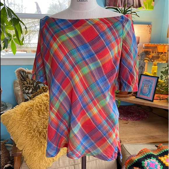 Ralph Lauren 90s y2k Plaid Off Shoulder Blouse Colorful Checkered Preppy - Picture 2 of 16